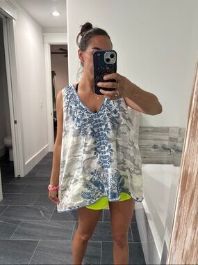 Johnny Was White and Blue Embroidered Tank Top